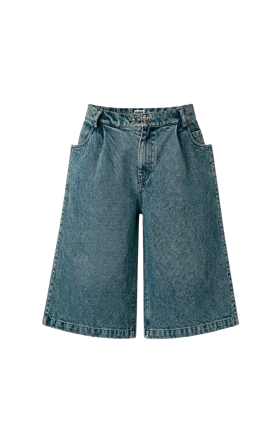 Blue denim wide-leg jeans on a white background