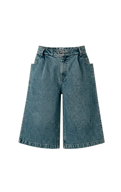 Blue denim wide-leg jeans on a white background