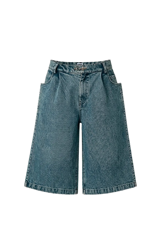 Blue denim wide-leg jeans on a white background